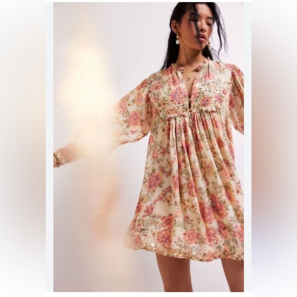 Free People Bali Golden Sun Printed Embellished Beaded Party Mini Dress